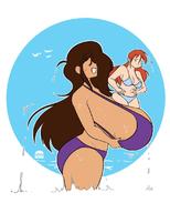 bikini drawing long_hair beach wet huge_breasts brunette smiling red_hair mini_giantess dark_skin between_breasts