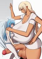 drawing blushing wings blonde long_hair futanari penis blue_hair huge_breasts mini_giantess sitting looking_down dark_skin pinned precum braid halo extra_arms renael