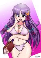 bikini drawing blushing large_breasts long_hair touhou purple_hair ribbon looking_down book patchouli_knowledge no_background hair_clip between_breasts dakunart