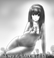 drawing giantess giga black_hair large_breasts long_hair destruction cleavage sitting looking_down smoke hairband ラピト