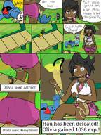drawing crush pokemon comic black_hair butt butt_crush blood short_hair shorts unaware dark_skin background jewelry bench dialogue olivia_(pokemon) hau nosepass themegaman4321