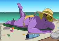 bikini drawing giantess alien blonde color beach ocean lying_down sunglasses outdoors curly_hair voluptuous looking_back sunbathing purple_skin sharp_teeth on_butt on_body sunscreen antennae unusual_pupils alternate_dimensions
