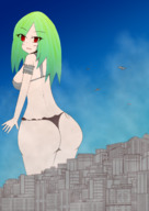 drawing giantess city long_hair butt buildings underwear embarrassed green_hair airplane outdoors looking_back armband ふりゃすと