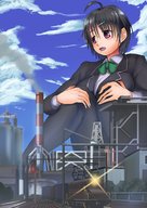 drawing blushing city black_hair clothed huge_breasts stockings train short_hair sitting outdoors ahoge hair_clip bigsis_iyashi