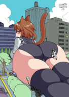 drawing panties city destruction cat_ears brunette smiling socks lying_down short_hair heart hugging cat_girl outdoors looking_back big_butt hair_clip