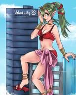 bikini drawing city long_hair green_hair ponytail sitting sandals outdoors bracelet fire_emblem pointed_ears tiki_(fire_emblem) velvet-lily