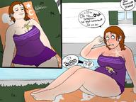 drawing sleeping large_breasts long_hair cleavage brunette embarrassed lying_down surprised dialogue panels on_breasts cutaway sweaterpupster sunburn