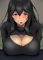 drawing gentle black_hair color large_breasts long_hair climbing shrunken_man sweater on_breasts mejiro メジロ