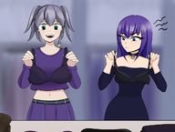drawing long_hair clothed bra purple_hair underwear smiling shrunken_man looking_down grey_hair choker bare_midriff khalcifieron