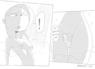 drawing nude monochrome long_hair shower shrunken_man looking_down dialogue panels on_pussy dangerking11