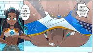 drawing pokemon black_hair large_breasts long_hair sitting bottomless shrunken_man looking_down swimming dark_skin hoop_earrings earrings legs_spread dialogue dangerking11 bare_midriff sobble nessa_(pokemon)
