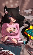 breasts drawing gentle black_hair color blue_eyes cleavage shrunken_woman cat_girl sweater lulu june cookies mspaintgts keyhole_sweater between_breasts supermarket