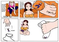 drawing sleeping comic color large_breasts long_hair cleavage brunette socks shrunken_man top dialogue panels in_socks xtamarax