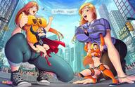 drawing giantess city large_breasts long_hair clothed cleavage huge_breasts brunette sweat red_hair boots muscles lactation airplane bending_over giantesses flying lifting outdoors cape converse thumb thick_thighs skimpy_clothing cleavage_window bare_midriff funboy
