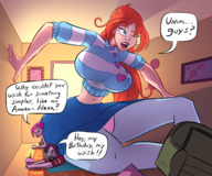 drawing panties upskirt long_hair butt_crush huge_breasts red_hair sitting pinned indoors dialogue cupcake thick_thighs cramped bare_midriff caiman2