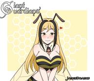drawing blushing wings color large_breasts shrunken_woman multicolored_hair bee_girl antennae between_breasts jackiedrache