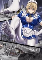 drawing giantess crush city blonde color large_breasts destruction foot_crush looking_down maid_uniform erect_nipple tomahawk