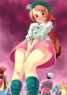 drawing giantess pokemon blushing color red_eyes low_angle embarrassed red_hair thighs hat pokemon_trainer charizard dynamax gloria_(pokemon) 稲葉白 brendan_(pokemon)