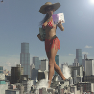 giantess city long_hair destruction buildings brunette ponytail walking looking_down sunglasses outdoors hat bracelet reading digital_render distracted the-masked-collager bikini_tip