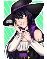 drawing black_hair long_hair clothed handheld playful smiling witch hugging shrunken_person choker dialogue no_background witch_hat one_eye_closed rayraywolfie