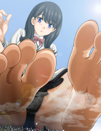 drawing giantess giga city long_hair destruction clothed toes barefoot soles godzilla sitting looking_down clouds outdoors ultraman camerarius