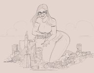 drawing giantess city mega monochrome large_breasts long_hair destruction barefoot glasses smiling kneeling outdoors berggie thick_thighs bare_midriff giantesseva