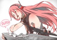 drawing giantess large_breasts long_hair breast_crush smiling pink_hair jets pinned hairband winking uru no_background azur_lane ranger_(azur_lane)