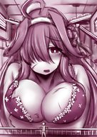 drawing giantess blushing monochrome long_hair huge_breasts underwear looking_down ripped_clothing hairband cramped kantai_collection mejiro メジロ