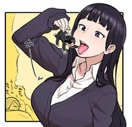 drawing black_hair large_breasts long_hair tongue clothed handheld open_mouth dangle panels imminent_vore nightmare satousatotototo