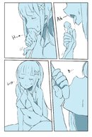 bikini drawing vore comic monochrome long_hair tongue saliva sitting shrunken_man dialogue panels hair_clip 368806sd