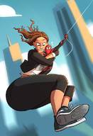 breasts drawing giantess city mega color long_hair clothed jeans brunette scared couple mini_giantess looking_down dark_skin michelle costume hanging_on web thick_thighs mary_jane spider-man swinging marvel_comics caiman2 peter_parker michelle_jones