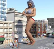 bikini giantess city large_breasts long_hair barefoot blue_hair smiling looking_down outdoors flexing digital_render juliusromanize