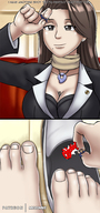 drawing feet color long_hair brunette brown_eyes shrunken_woman shrunken_man tinies ace_attorney phoenix_wright mia_fey meme maya_fey micromike between_breasts