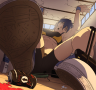drawing black_hair destruction sweat short_hair can underboob muscles raised_foot legs_spread cramped skimpy_clothing zerohour99 spats