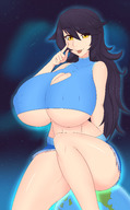 drawing giantess giga space black_hair long_hair huge_breasts sitting underboob outdoors thick_thighs cleavage_window primiotish