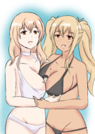 bikini drawing blushing blonde long_hair huge_breasts fang brunette twintails hugging no_background between_breasts