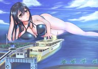bikini drawing blushing black_hair long_hair wet huge_breasts smiling lying_down boats outdoors bigsis_iyashi