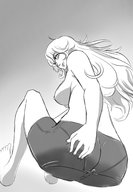 drawing monochrome large_breasts long_hair butt_crush sitting looking_down rwby yang_xiao_long gtsleuth