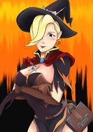 drawing blonde large_breasts long_hair gloves earrings no_background witch_hat overwatch gtsleuth mercy_(overwatch) between_breasts
