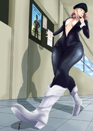 drawing large_breasts long_hair cleavage boots walking unaware indoors hat raised_foot imminent_crush my_hero_academia gtsleuth camie_utsushimi