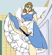 drawing long_hair clothed high_heels glasses shoes blood brunette dress looking_down raised_foot