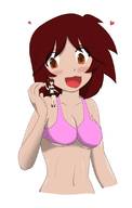 bikini drawing giantess comic long_hair brunette surprised outdoors jirokatsu dialogue panels on_shoulder no_background