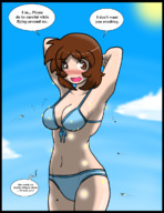 bikini drawing giantess blushing comic long_hair brunette surprised outdoors jirokatsu dialogue panels no_background