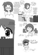 bikini drawing giantess blushing city comic monochrome long_hair brunette surprised outdoors jirokatsu dialogue panels