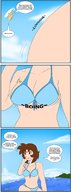 bikini drawing giantess comic long_hair brunette surprised outdoors jirokatsu dialogue panels no_background