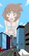 bikini drawing giantess comic long_hair brunette surprised outdoors jirokatsu dialogue panels no_background