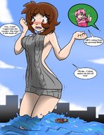 drawing giantess comic long_hair brunette surprised outdoors jirokatsu dialogue panels no_background virgin_killer_sweater