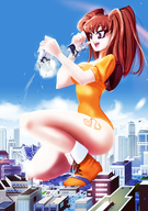 breasts drawing giantess city color large_breasts long_hair destruction clothed rampage brunette purple_eyes twintails open_mouth outdoors tattoo leotard angelgts seven_deadly_sins diane_(seven_deadly_sins)