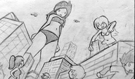drawing city monochrome black_hair long_hair helicopter underwear low_angle looking_down giantesses outdoors running_away megamaliit