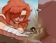 drawing sweat red_hair short_hair fighting shrunken_man punch punching flushed pedroruizart wrist_tape